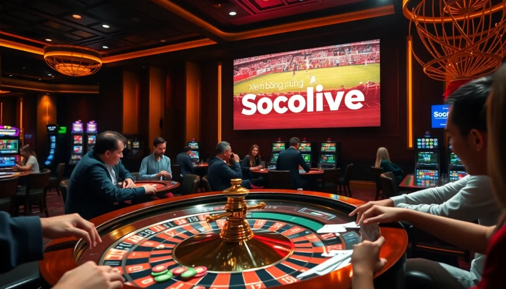 Placing bets on exciting casino games with "Xem bóng đá Socolive" displayed prominently, illustrating the thrill of sports betting.